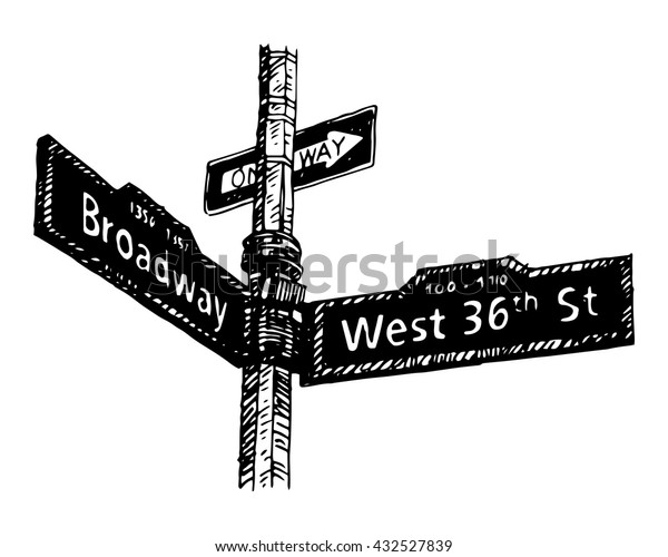 米国ニューヨーク市マンハッタンのブロードウェイとウェスト36番街の角にある街頭標識 手描きのスケッチ ベクターイラスト 彫刻のスタイル のベクター画像素材 ロイヤリティフリー
