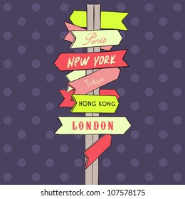 street sign showing cities - new york london paris rome moscow