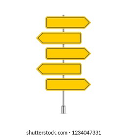 Street sign template with place for text. Blank road signs isolated on white background. Yellow arrow signposts in realistic style. Vector illustration EPS 10.