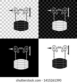 Street signboard hanging on forged brackets with barrel shaped wooden icon on black, white and transparent background. Suitable for advertisements bar, cafe, pub, restaurant. Vector Illustration