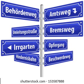 Street signs with names that imply annoying administrative procedures and official channels. German labeling! (Isolated vector on white background.)