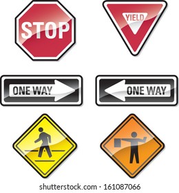 Street Signs Set 2 - Stop sign, yield sign, one way sign, crosswalk sign, flagman sign.