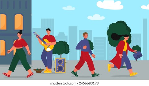 Street singer concept. Man with guitar performing outdoors. Creativity and art. Guitarist singing at city street. Entertain,ment and leisure, hobby. Cartoon flat vector illustration