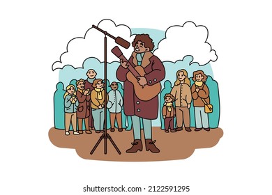 Street singer singing to guitar for spectators vector illustration. Woman singer playing guitar on city square. Street performer