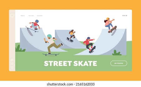 Street Skate Landing Page Template. Children Skating Longboard in City Park. Teen or Preteen Kids Skaters, Boys and Girls Freedom Lifestyle. Stunts on Skateboards. Cartoon People Vector Illustration