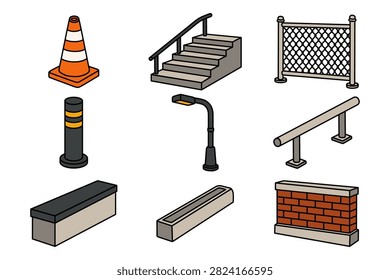 Street skate obstacles flat style icon set. Skatepark street colorful element design pack. urban Skate infrastructure line art symbol illustration collection. Rail, Stair, Ledge, Barrier, Fence, Cone