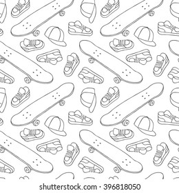 Street Skateboarding Seamless Pattern in Black and White. Repetitive Texture with Hand Drawn Skateboards, Sneakers, Caps. Vector Lifestyle Background