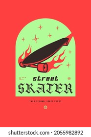 Street Skater retro futuristic t-shirt print with skateboard on fire flying through the stars.