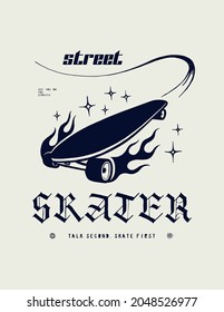 Street skater  Retro futuristic typography illustration skateboard fire flying through the stars  90s style street fashion shirt 