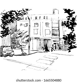 Street sketch: house, trees, car, road and people. Hand drawn ink illustration on white background.
