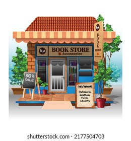 Street Small Bookstore Exterior Design. Flat Style Vector Illustration With The Background.