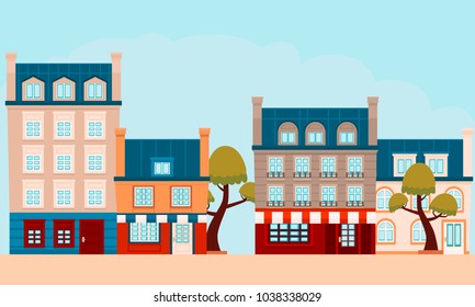The street of a small French city. Flat design. Vector illustration 