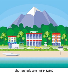 Street of the small resort seaside town. Houses in an environment of tropical plants.. Vector background.