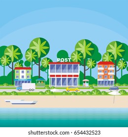 Street of the small resort seaside town. Houses in an environment of tropical plants.. Vector background.