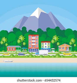 Street of the small resort seaside town. Houses in an environment of tropical plants.. Vector background.