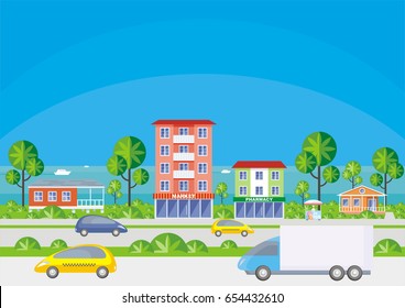 Street of the small resort seaside town. Houses in an environment of tropical plants.. Vector background.