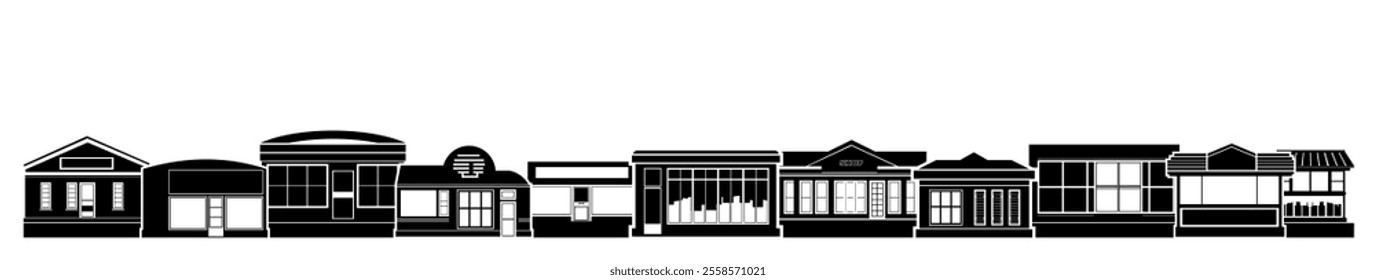 Street Small shops. Showcases and counters. Image of black silhouette isolated on white background. Vector