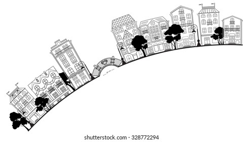 street of a small town, outline illustration 