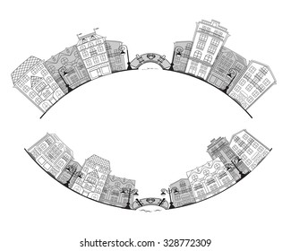 street of a small town, outline illustration 