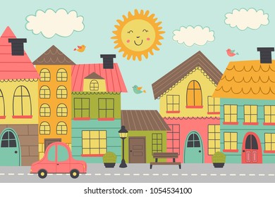 Street Of A Small Town - Vector Illustration, Eps