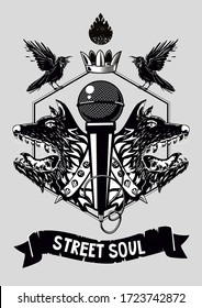 Street soul. Music poster template. Hip-hop festival flyer design. Microphone and dogs head. Vintage vector illustration