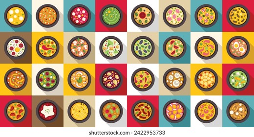 Street soup icons set flat vector. Cafe appetizer. Cooking cuisine food