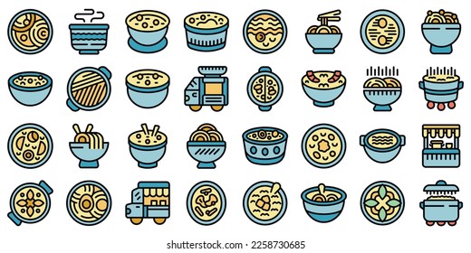 Street soup icons set outline vector. Appetizer cafe. Cooking cuisine color line on white isolated