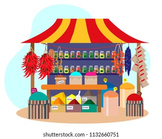 Street Spice Shop With Different Spices. Trade Fair.  Chili Pepper, Dried Fruits, Cinnamon. Flat Vector Illustration.