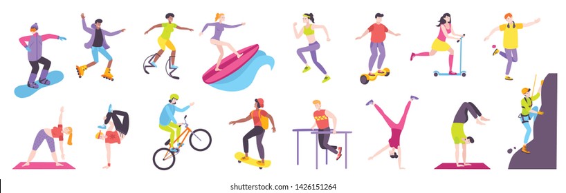 Street sport flat set with with teen characters doing outdoors fitness exercises riding bicycle self balancing scooter and skateboard vector illustration