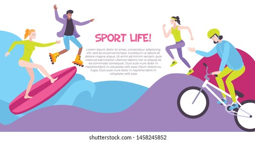 Street sport horizontal banner with people involved in rollerskating running surfing riding bicycle flat vector illustration