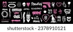 Street spray graffiti element set, vector urban grunge splash typography effect, retro ghetto print. Gangster tattoo kit, underground can hip-hop sign, heart, doberman, chain, gun. Street graffiti