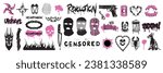 Street spray graffiti element set, urban grunge sticker kit balaclava, vector retro ghetto print. Gangster tattoo kit, underground can hip-hop sign, heart, doberman, chain, gun. Street graffiti fire