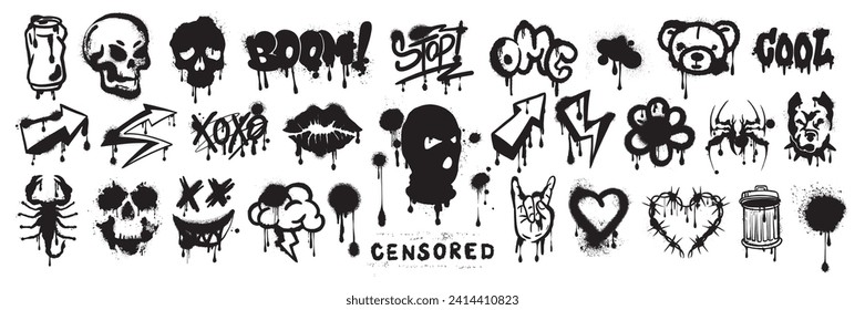 Street spray graffiti element set, sticker kit balaclava, vector grunge etro urban ghetto print. Gangster tattoo kit, underground can hip-hop sign, heart, skull silhouette, arrow. Street graffiti
