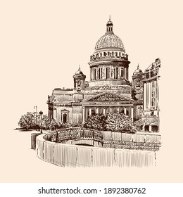 Street of St. Petersburg with a view of the temple, buildings in the classical style and the bridge across the river. Handmade sketch on a beige background.