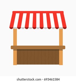 Street stall with awning. Kiosk with wooden rack. Vector illustration.