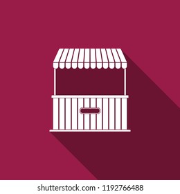 Street stall with awning and wooden rack icon isolated with long shadow. Kiosk with wooden rack. Flat design. Vector Illustration