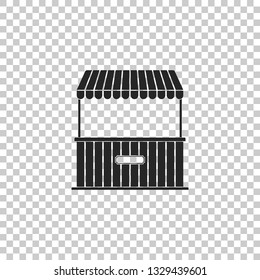 Street stall with awning and wooden rack icon isolated on transparent background. Kiosk with wooden rack. Flat design. Vector Illustration