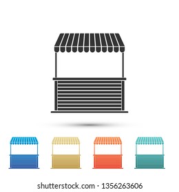 Street stall with awning and wooden rack icon isolated on white background. Kiosk with wooden rack. Set elements in color icons. Vector Illustration