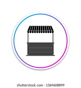 Street stall with awning and wooden rack icon isolated on white background. Kiosk with wooden rack. Circle white button. Vector Illustration