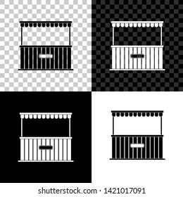 Street stall with awning and wooden rack icon isolated on black, white and transparent background. Kiosk with wooden rack. Vector Illustration