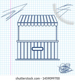 Street stall with awning and wooden rack line sketch icon isolated on white background. Kiosk with wooden rack. Vector Illustration