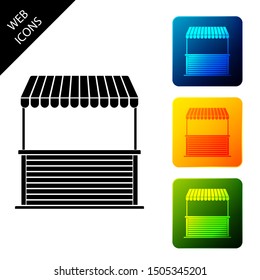 Street stall with awning and wooden rack icon isolated on white background. Kiosk with wooden rack. Set icons colorful square buttons. Vector Illustration