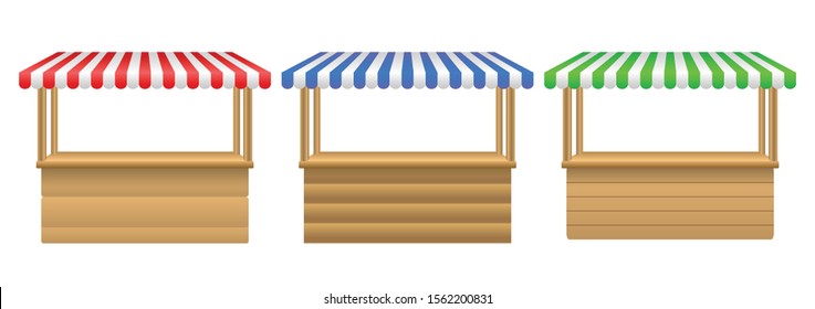 Street stall with awning.Market stall set. Realistic wooden counter with canopy for street trading.  set of awing with wooden market stand stall and various kiosk. 