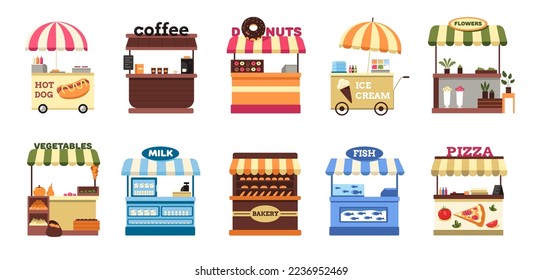 Street stall. Cartoon market stand selling fruit vegetable seafood coffee flowers, festival local farm cart with food flat style. Vector isolated set. Business counters with awning selling products