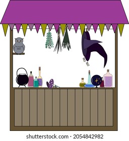 Street stall at the magic fair. Goods for the witch-potion bottles-witch hat-magic ball-magical herbs-owl. Halloween atmosphere.