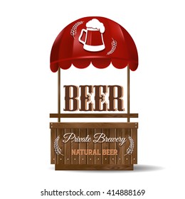 A street stall for the sale of beer. Private Brewery, natural beer. Stand for sale with red awning and wooden planks.  Vector illustration.