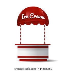 Street stall selling ice cream for sale. Stand for sale with red awning. Vector illustration.