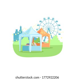 Street stands in park semi flat RGB color vector illustration. Summer funfair with attractions and vending stalls. Food and drinks tents near ferris wheel isolated cartoon object on white background