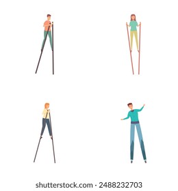 Street stilt icons set cartoon vector. Young people walking on stilt. Circus and street art