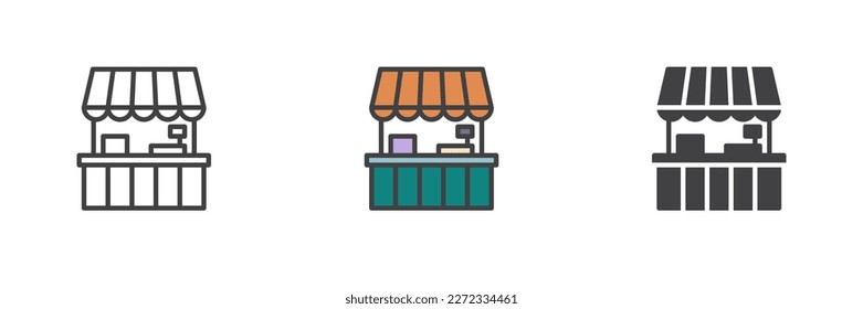 Street store different style icon set. Line, glyph and filled outline colorful version, outline and filled vector sign. Symbol, logo illustration. Vector graphics